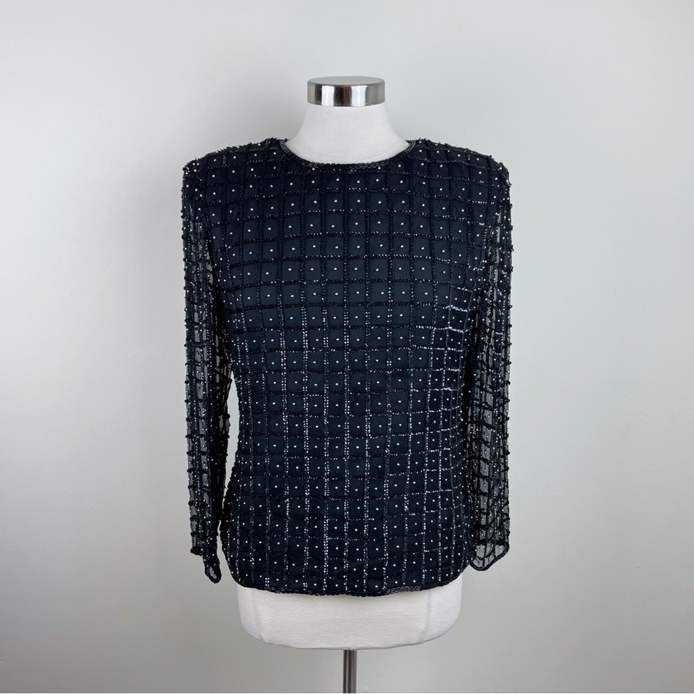 Vintage Stenay 100% Silk Beaded Black Long Sleeve Glam Blouse Top Women Medium